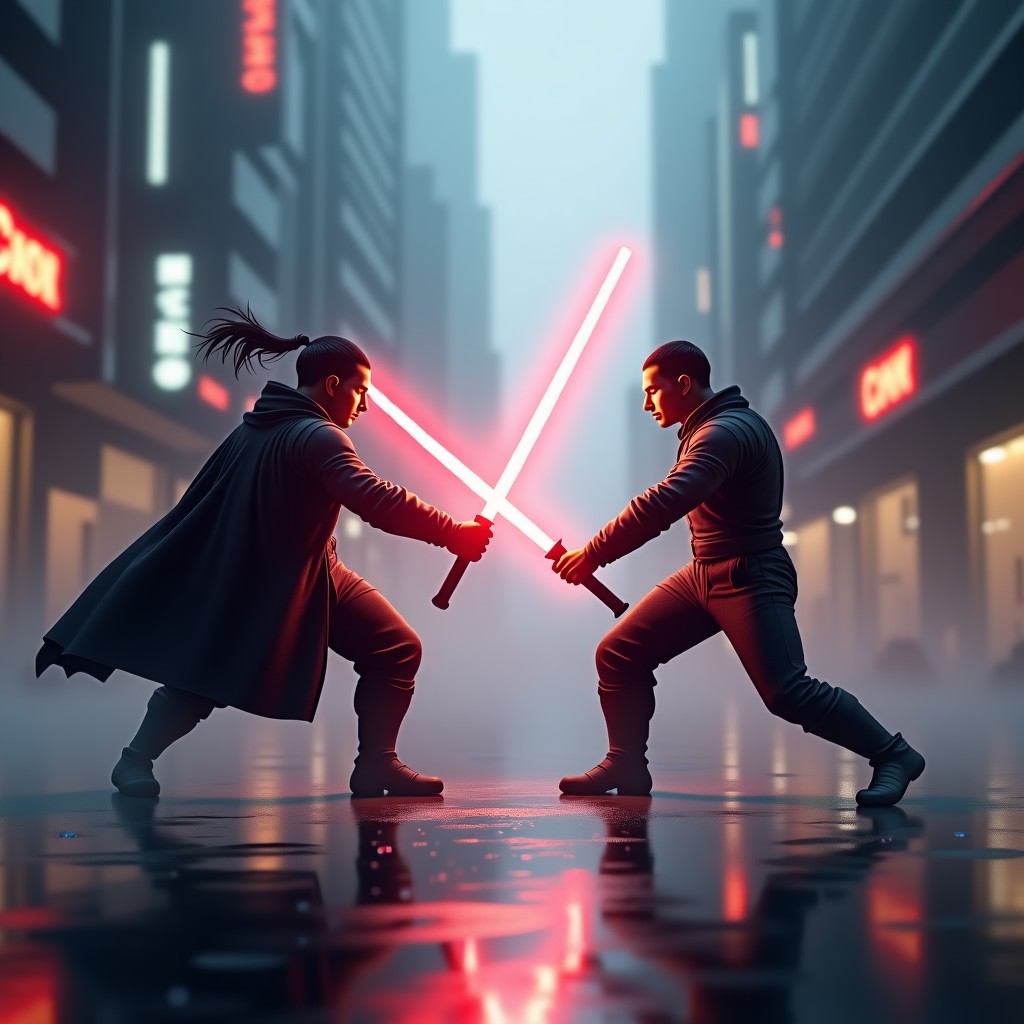 A realistic cinematic scene of two warriors battling with glowing energy swords in a futuristic urban setting, high quality digital video style, no text, 4:3