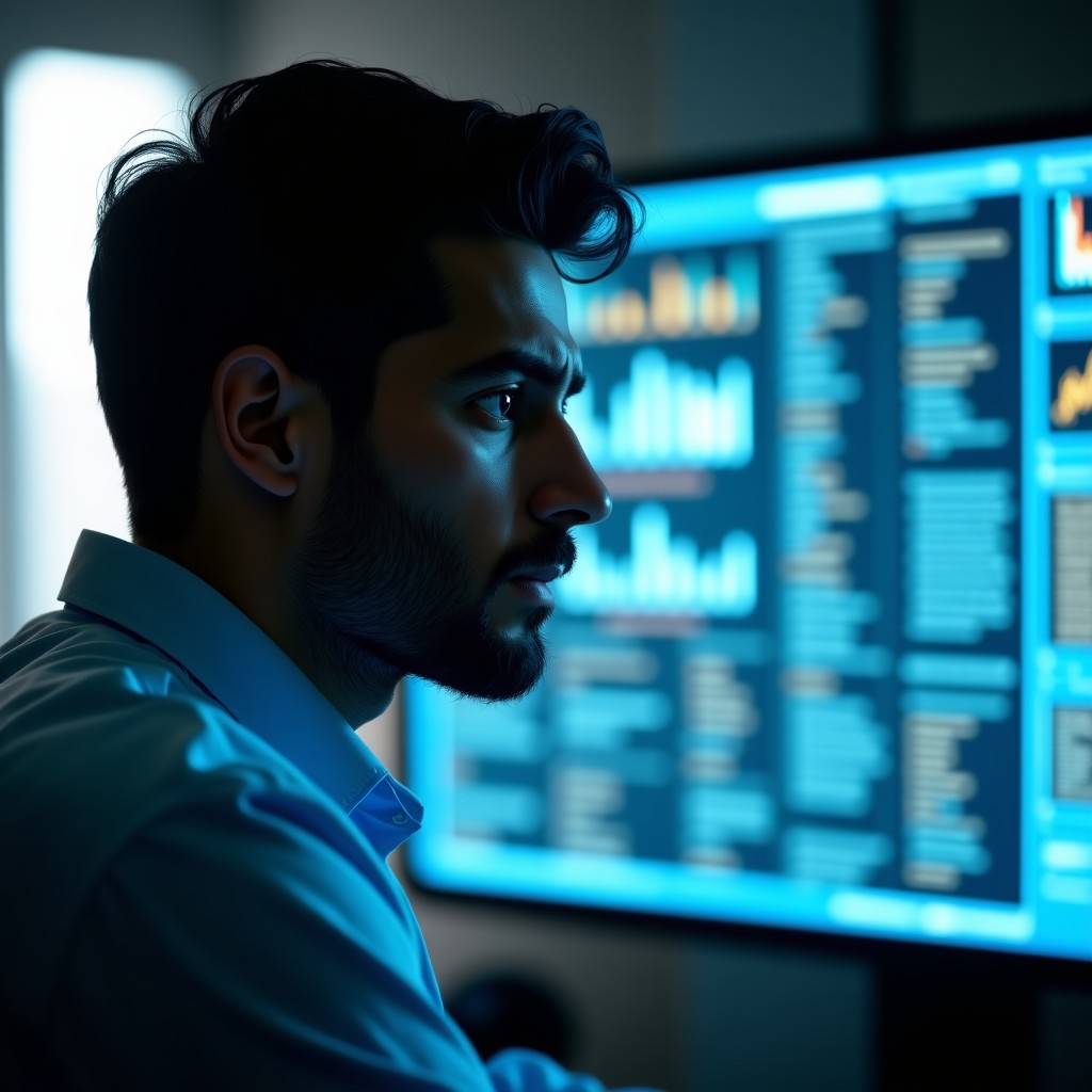 Realistic cinematic shot of a worried South Asian male researcher in a modern high-tech office looking at a screen with complex data, soft natural lighting, emotional expression, 4:3