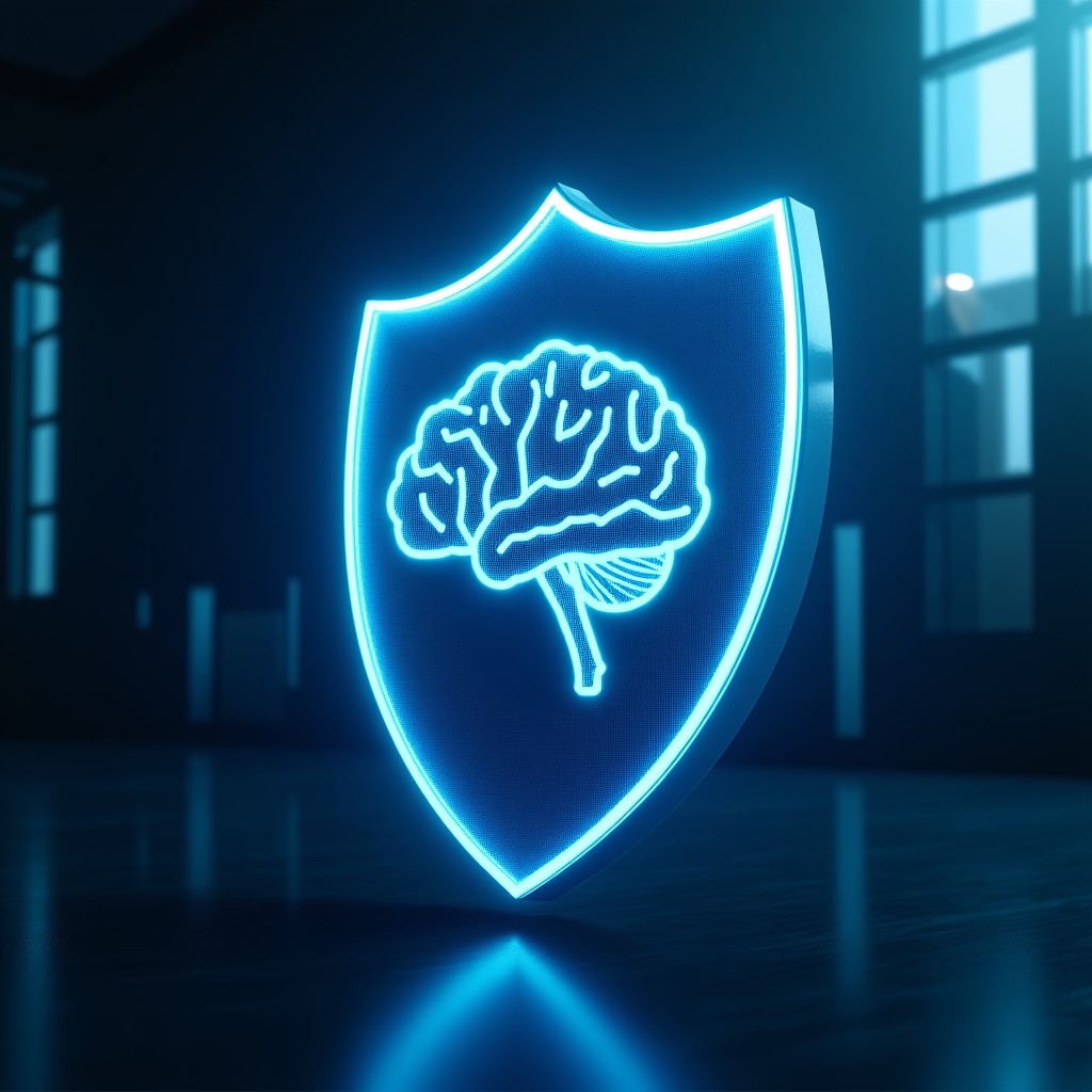 A high-tech digital shield protecting a glowing artificial intelligence brain symbol, contrasting with a blurred military command center background, 4:3