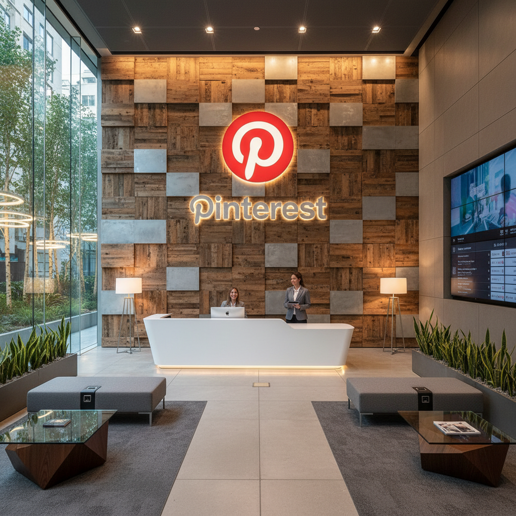 핀터레스트 로고와 현대적인 IT 기업 사무실 전경