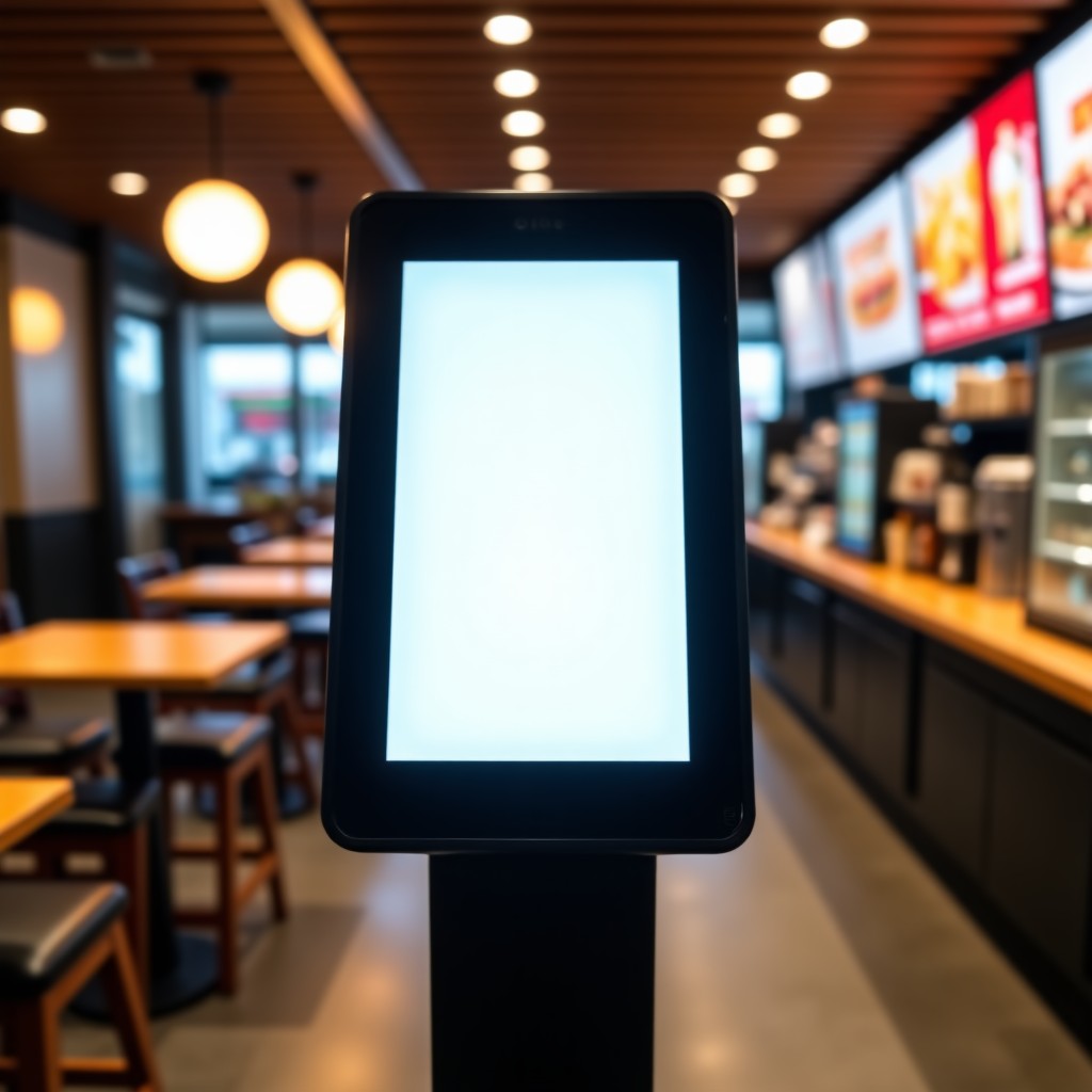 A modern self-service kiosk inside a fast food restaurant, bright screen showing food menu, blurred restaurant background, clean and professional lighting, 4:3