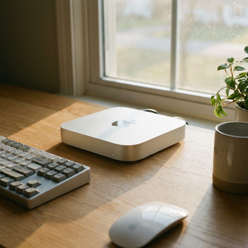 A sleek silver Mac mini M4 on a clean wooden desk with a minimalist aesthetic soft morning sunlight 1:1