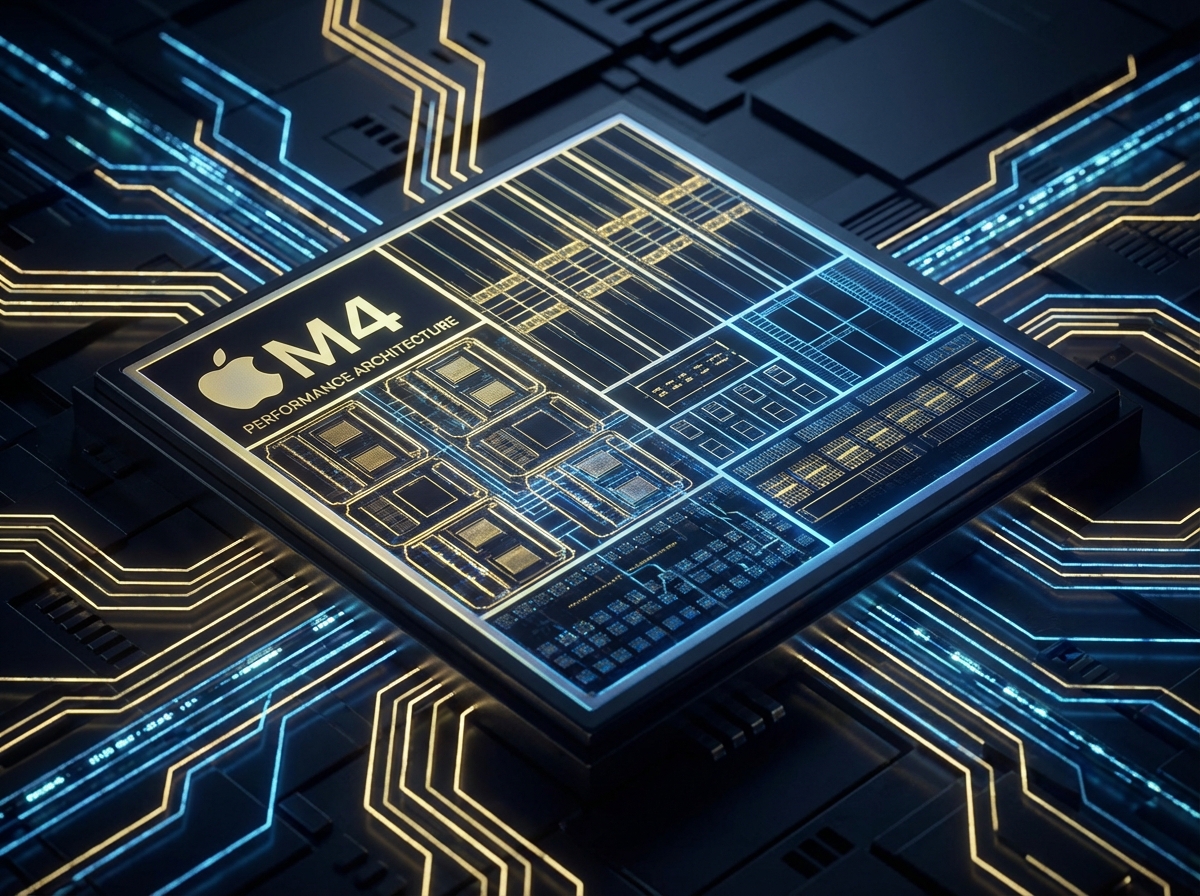 Inside view of a high-tech computer chip with glowing circuits, representing the Apple M4 chip performance, dark background with neon gold and blue accents, technical and powerful feeling, 4:3