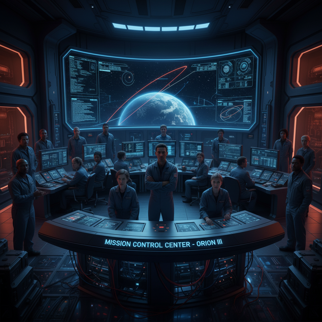 NASA 본부 내부의 긴박한 회의 장면