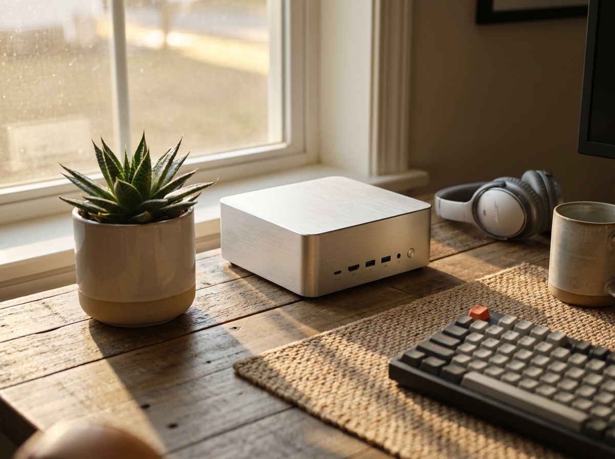 A small silver mini PC sitting on a wooden desk next to a plant, soft natural sunlight, cozy office atmosphere, high tech lifestyle photography, 4:3