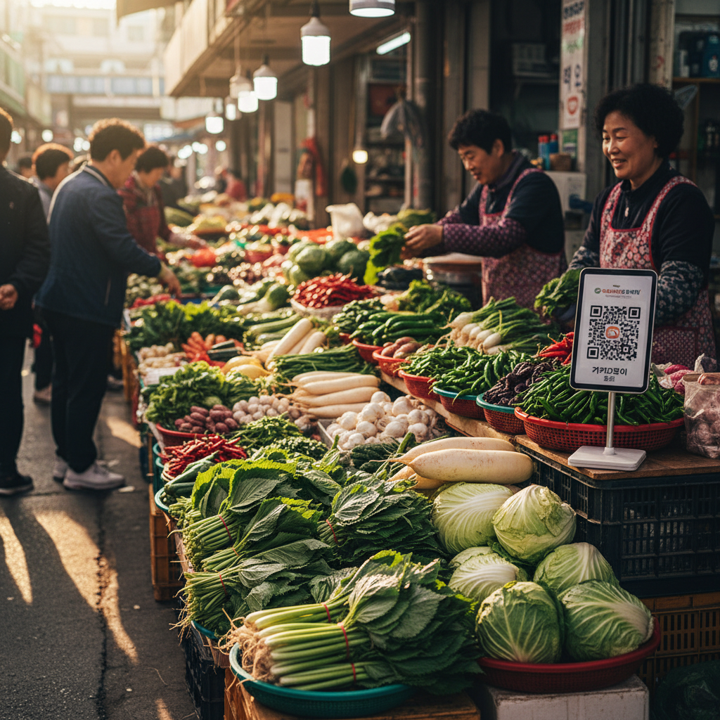 시장에서 QR 코드로 결제하는 신선한 농산물