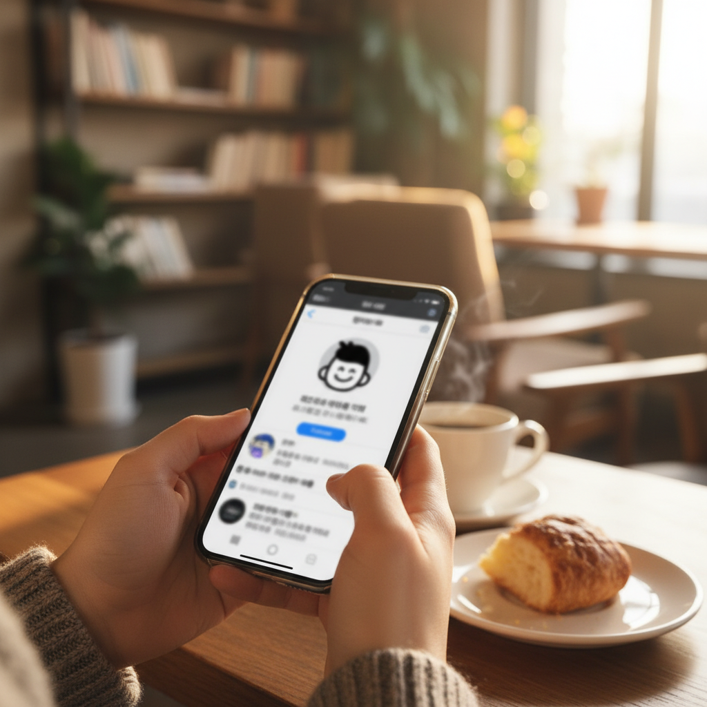 스마트폰으로 SNS 공지 사항을 확인하며 상담을 준비하는 모습