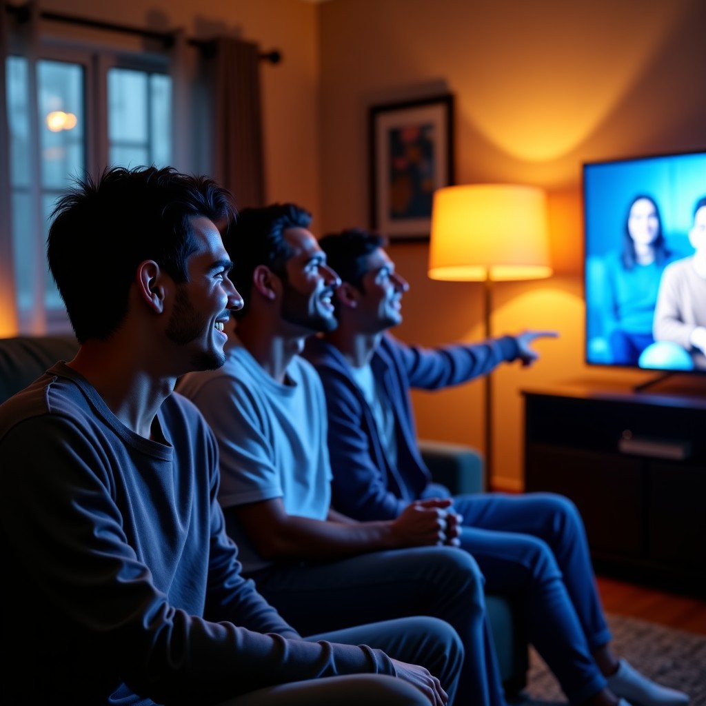 A group of friends in their 20s watching a TV show in a cozy living room. They are laughing and pointing at the screen. Night atmosphere with warm indoor lights. 1:1