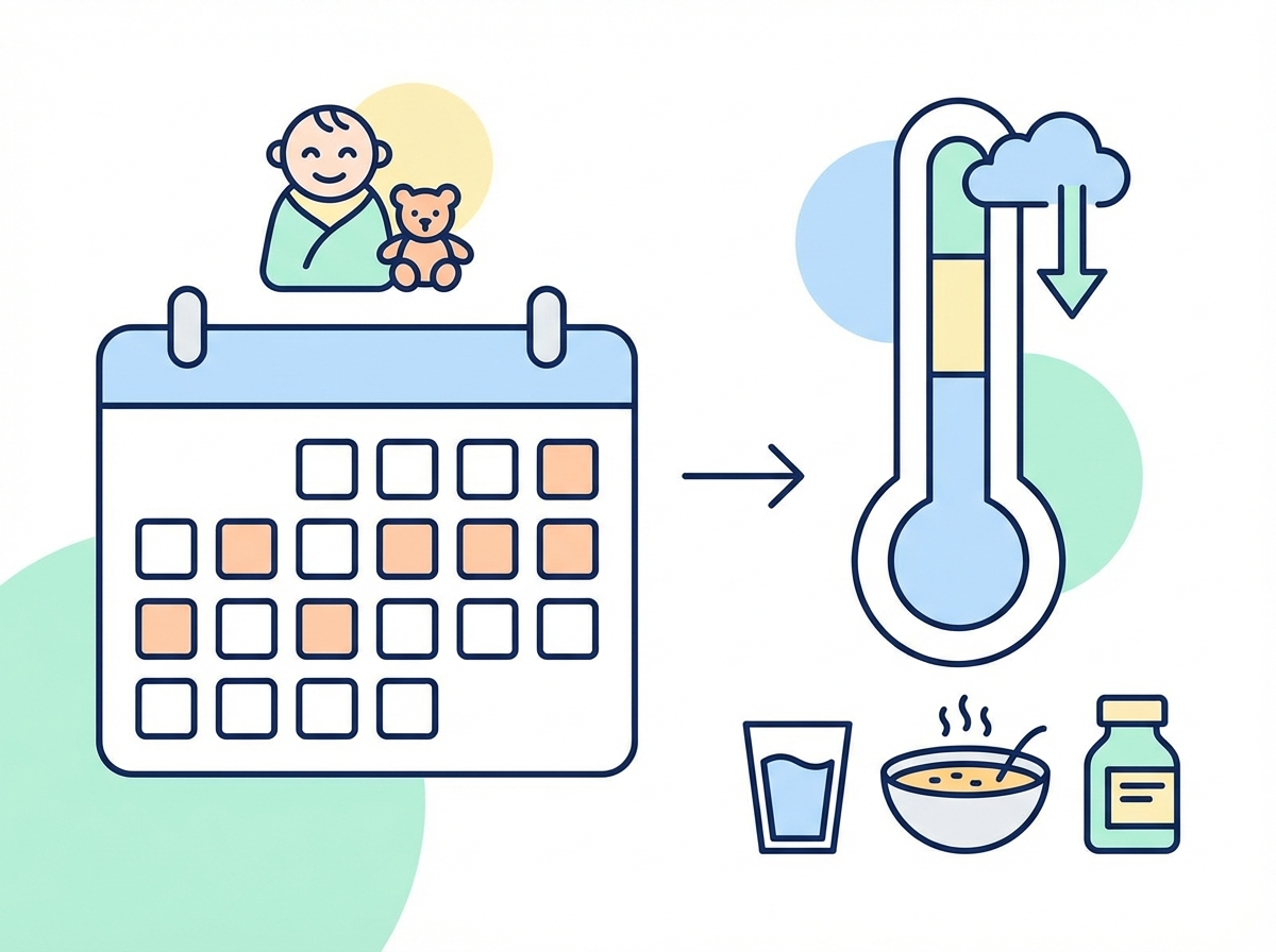 A clean and modern infographic about child healthcare and influenza recovery, featuring a calendar and a thermometer icon, soft blue and pastel colors, high contrast, professional layout, no text, 4:3