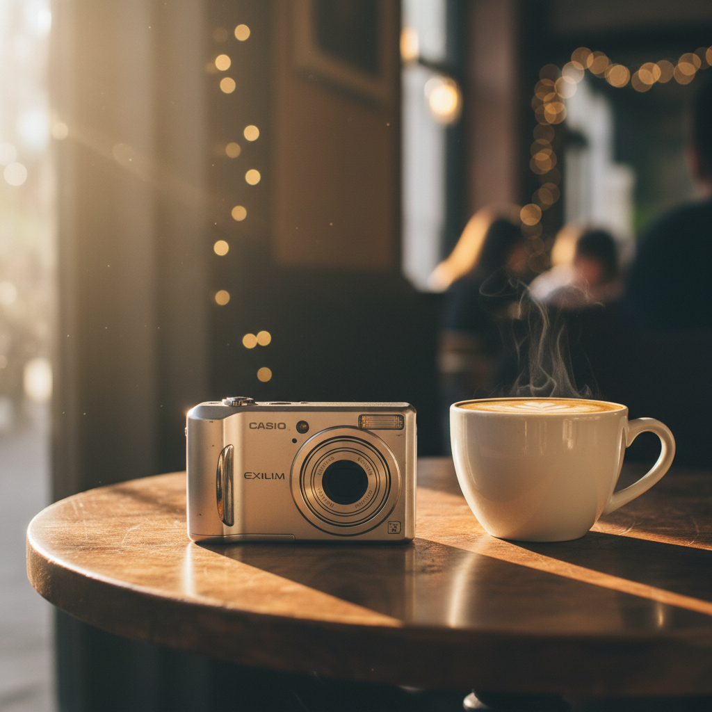 A silver Casio Exilim EX-H10 vintage digital camera placed on a wooden cafe table with a soft latte next to it. Warm sunlight filtering through a window, creating a nostalgic 2000s aesthetic. Lifestyle photography with a cozy atmosphere. 4:3