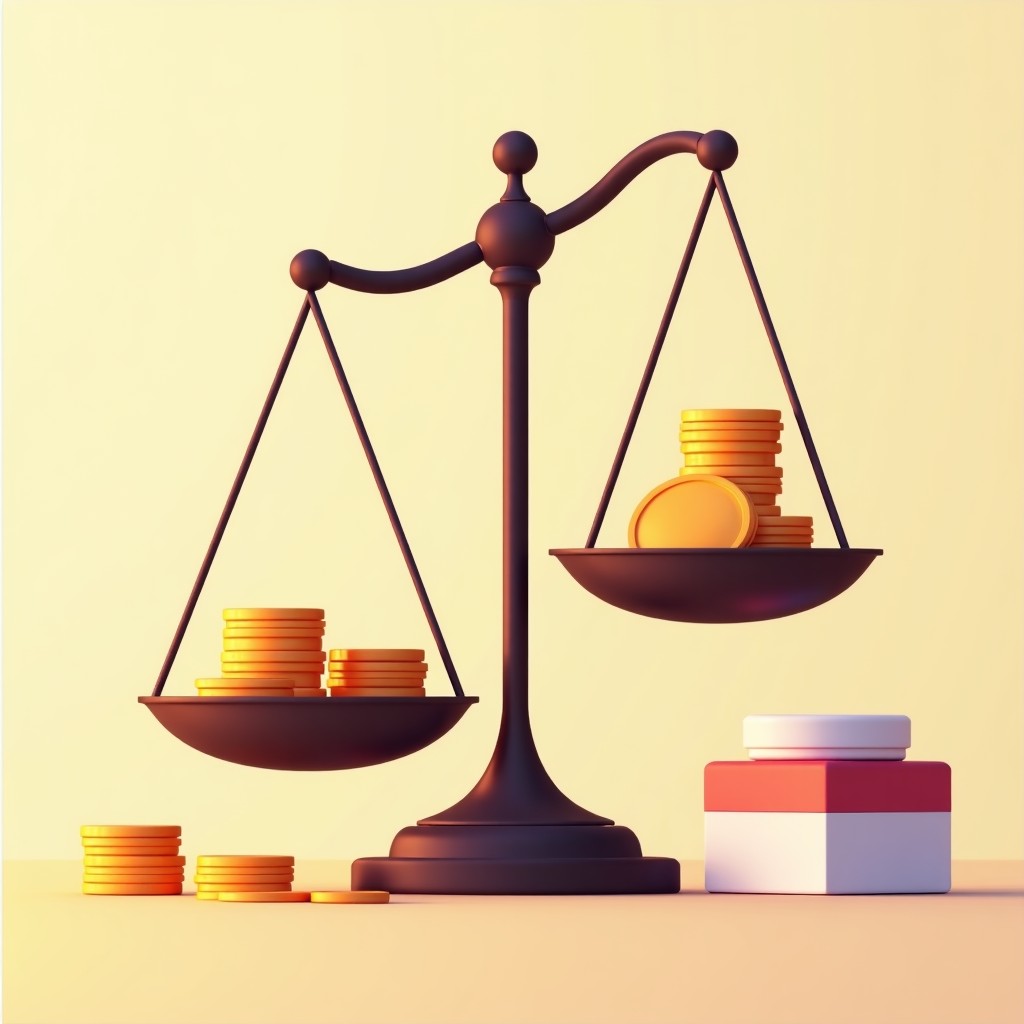 Artistic rendering of two scales comparing coins and a pet medicine box, clean background, warm lighting, soft colors, 4:3