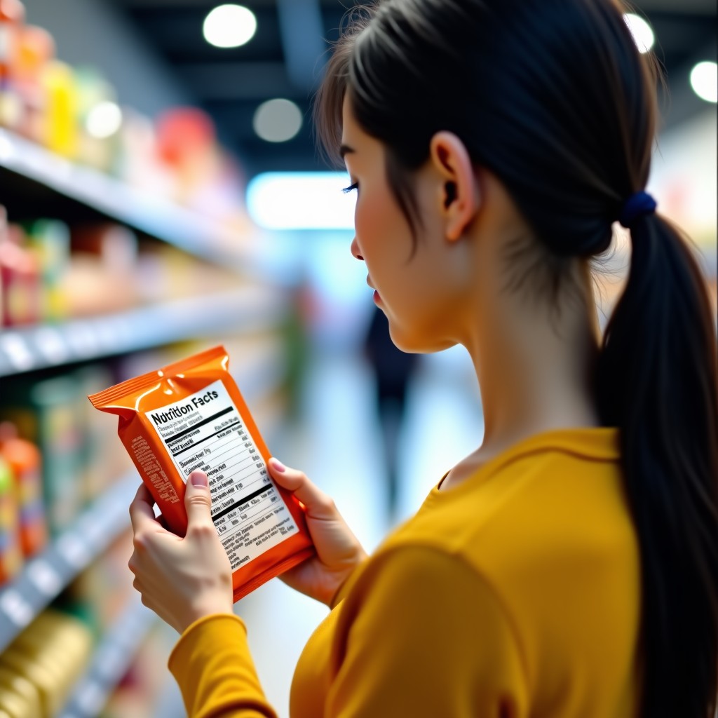A person holding a packaged food item and looking closely at the nutrition facts label on the back. Modern supermarket background with blurred aisles. Korean person appearance. 4:3