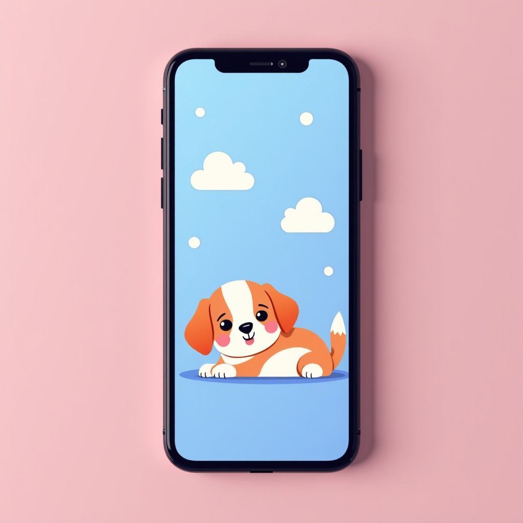 Close-up of a high-end smartphone screen displaying a cute messenger app theme with puppy illustrations, soft pink and blue pastel color palette, minimalist design icons, clean background, 1:1