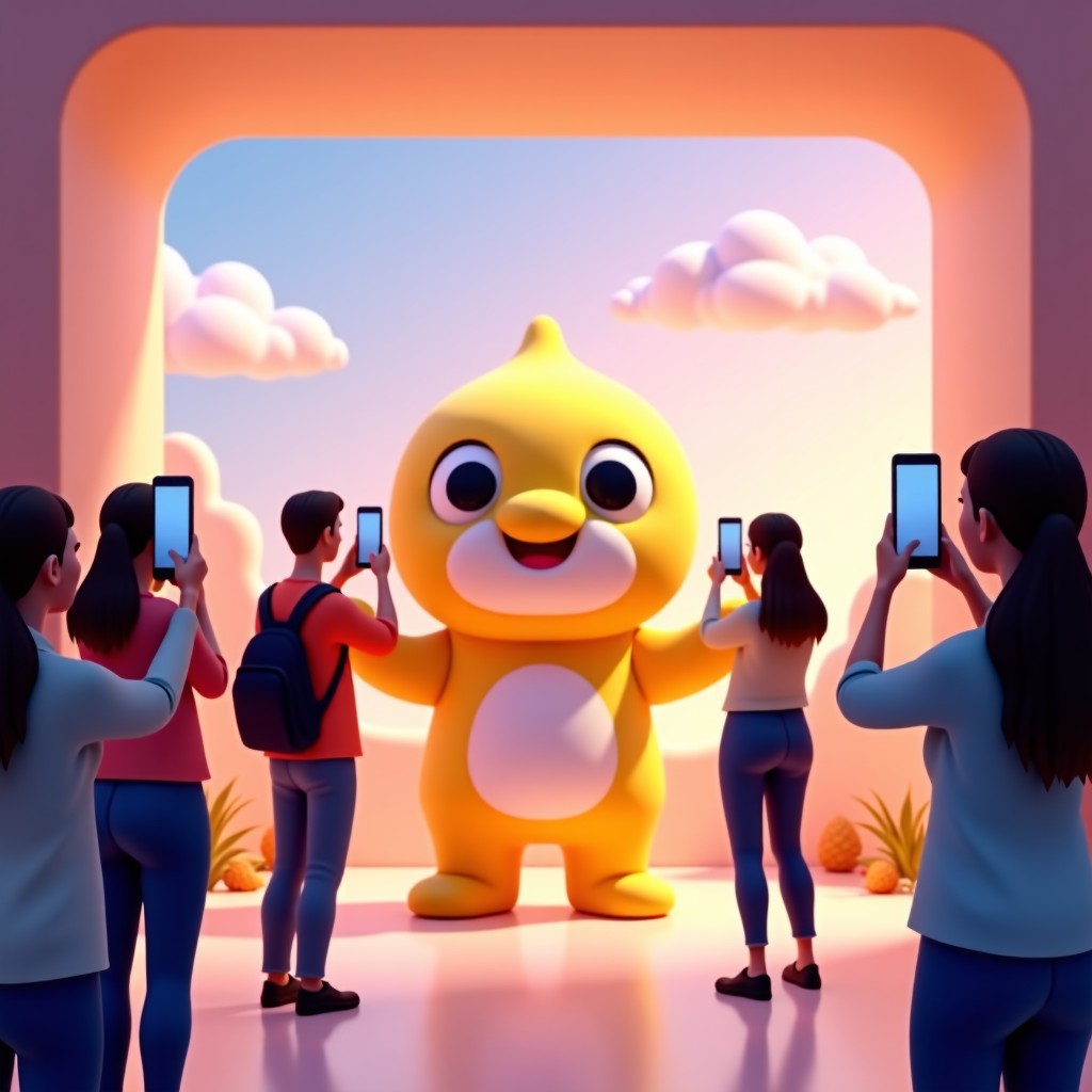 A cute photo zone inside a pop-up store with a giant Ganadi character statue. The background has soft pastel clouds and lighting. People are taking photos with smiling faces. No text. 4:3