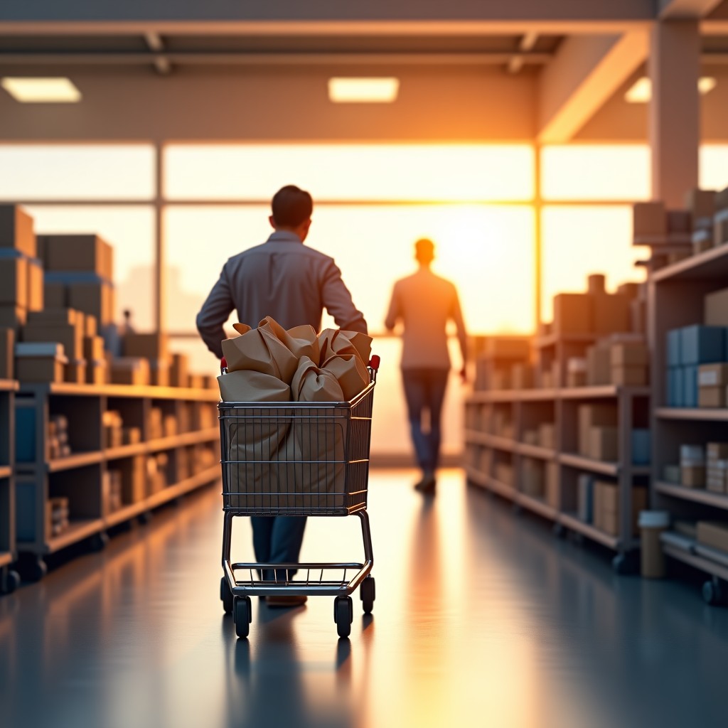 A person from behind pushing a large metal shopping cart overflowing with grocery bags and bulk products towards the checkout counter. The atmosphere is productive and satisfying. 4:3