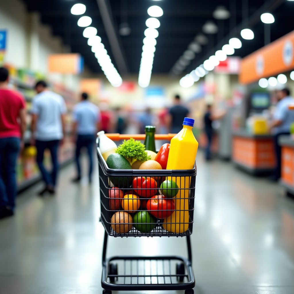 A fully loaded shopping cart with various grocery items near a checkout counter in a large store. View from behind the cart, showing a busy cashier area with soft focused background, professional and clean look. 4:3