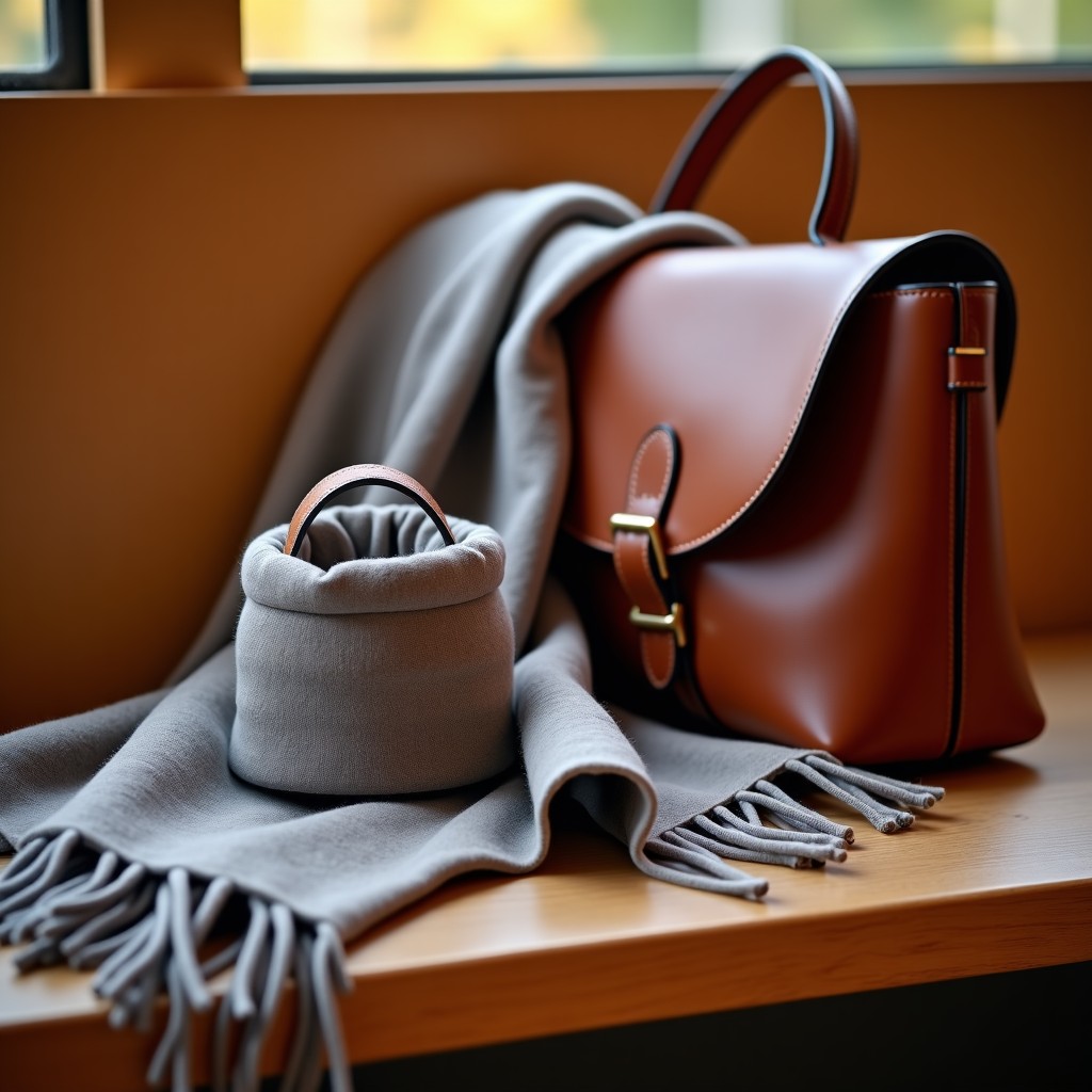 Close up shot of a stylish cashmere muffler and a small portable heat pack placed next to a leather bag on a wooden bench, warm autumn atmosphere, 4:3