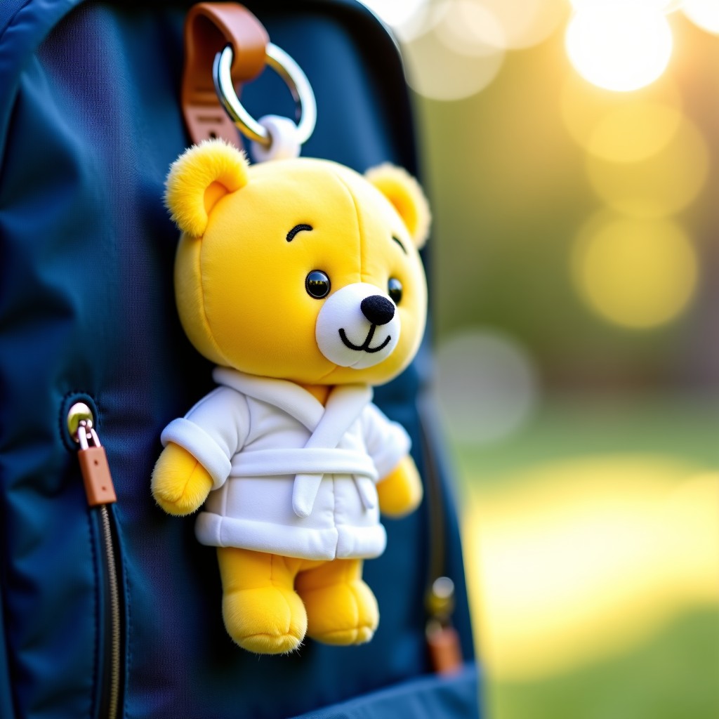 A close-up lifestyle shot of a cute yellow fluffy bear plush keychain hanging on a stylish blue denim backpack. The bear has a friendly expression and is wearing a tiny white bathrobe. The background is a soft-focus sunny outdoor park setting. High quality photography, natural lighting. 1:1