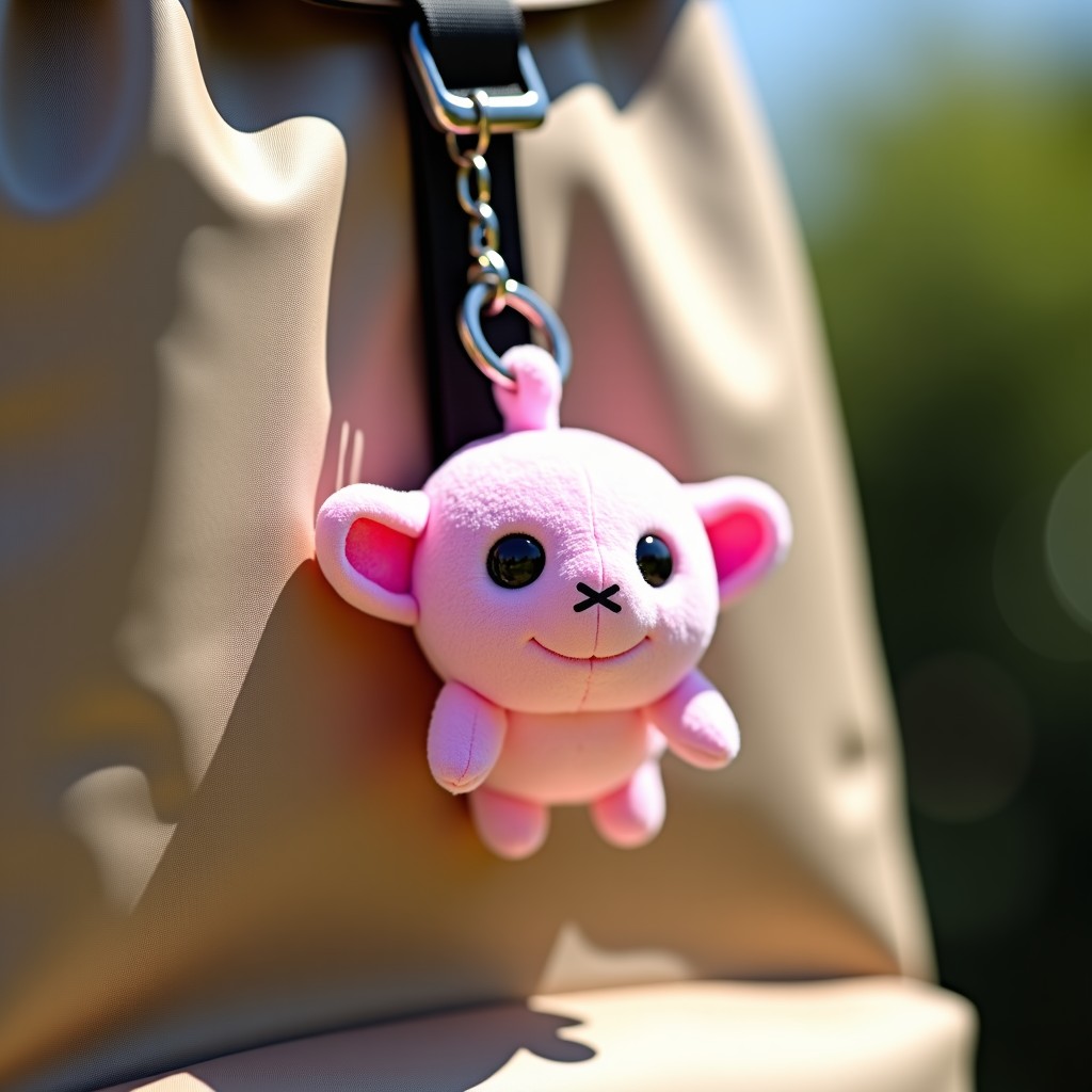 A close-up shot of a small pink axolotl plush keyring hanging on a stylish beige backpack. Natural sunlight, lifestyle photography, high quality fabric texture visible, blurred background. 4:3