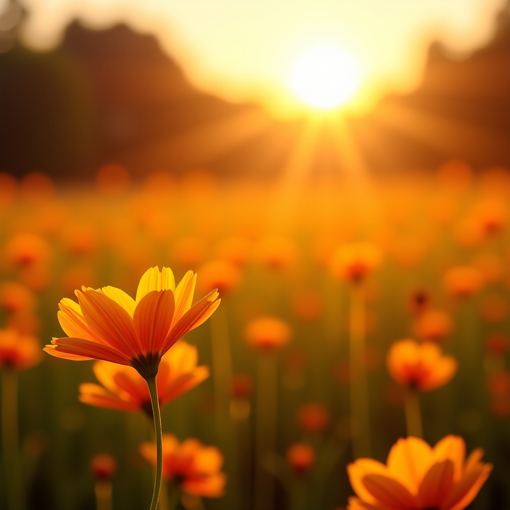 Soft focus autumn meadow with falling cosmos petals under a warm golden sunset, rich orange and yellow hues, NO TEXT, 4:3