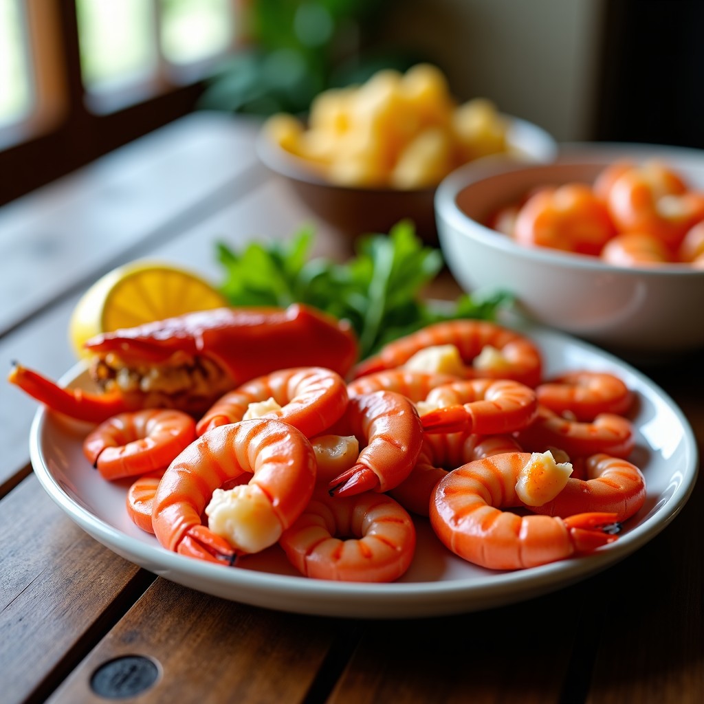 A lavish spread of steamed king crab and red shrimp on a rustic wooden table, blurred background of a happy family dinner, NO TEXT, 1:1
