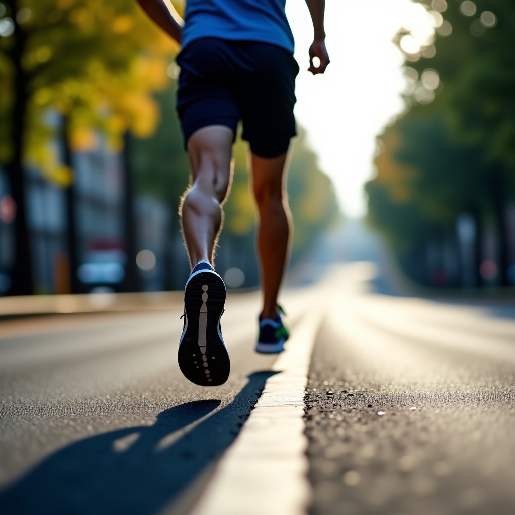 Close-up shot from behind of a runner climbing a steep urban uphill road during a marathon. Focus on the tense leg muscles and the perspective of the road stretching upwards. Bright natural daylight, realistic lifestyle photography. 4:3