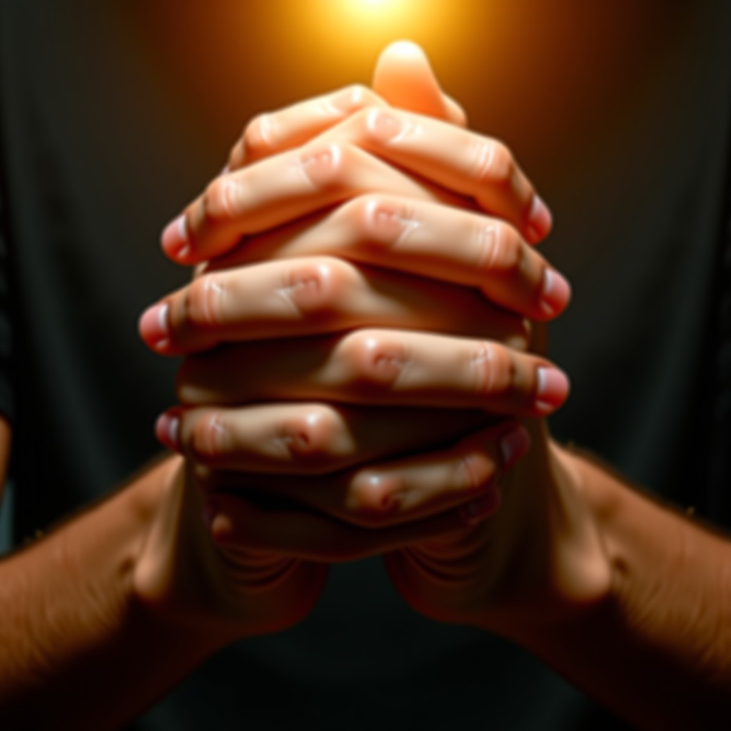 Close-up of hands folded in earnest prayer with a warm, soft glow emanating from the background. High contrast, emotional and spiritual atmosphere. 1:1
