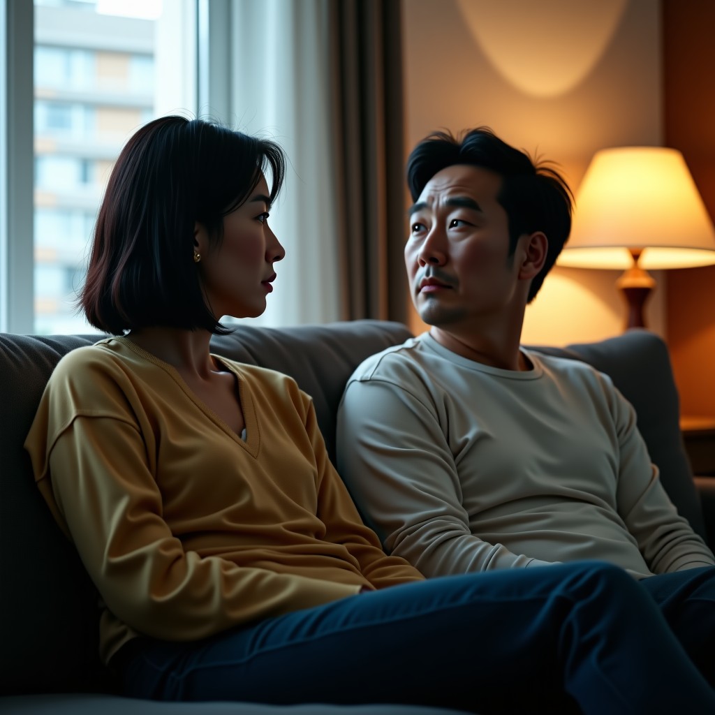A Korean couple in their late 40s and early 50s sitting on a sofa in a living room, looking away from each other with tense expressions. The atmosphere is heavy and serious. Cinematic lighting, realistic photography style. 4:3