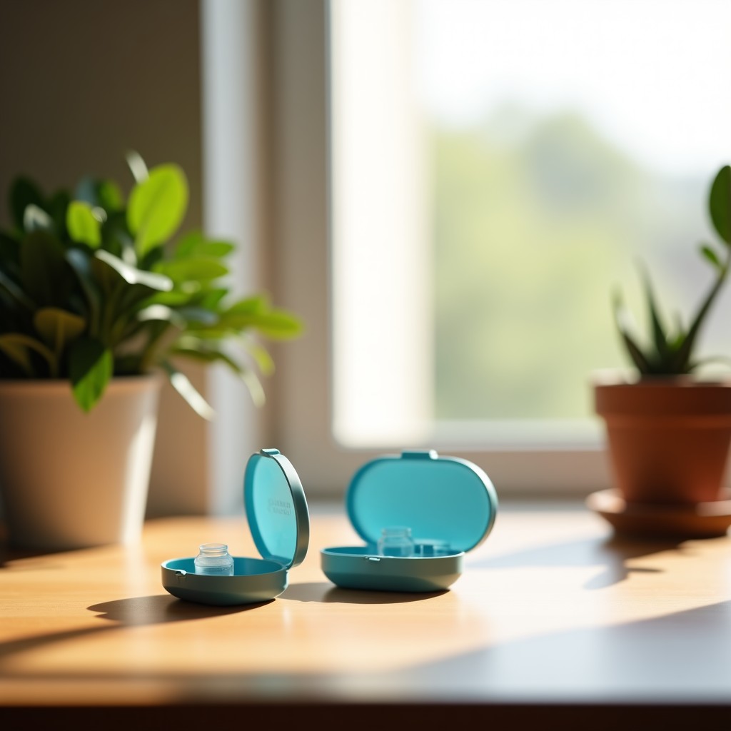 Aesthetic lifestyle photography of contact lens cases and solution bottles on a clean wooden desk with soft natural sunlight filtering through a window, no text, 4:3