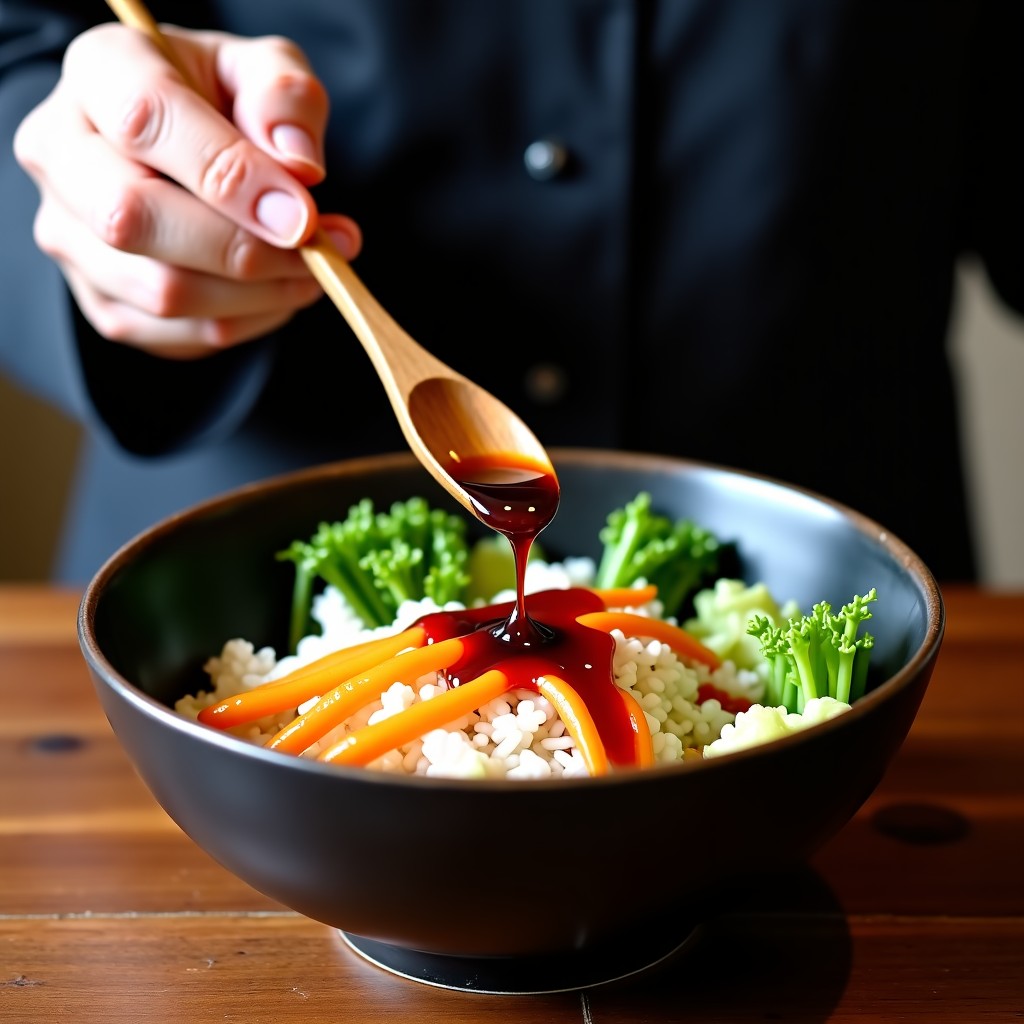 A person using a wooden spoon to place a dollop of dark chili soy sauce onto a colorful bowl of rice and vegetables, authentic Korean temple food style, focused composition. 4:3