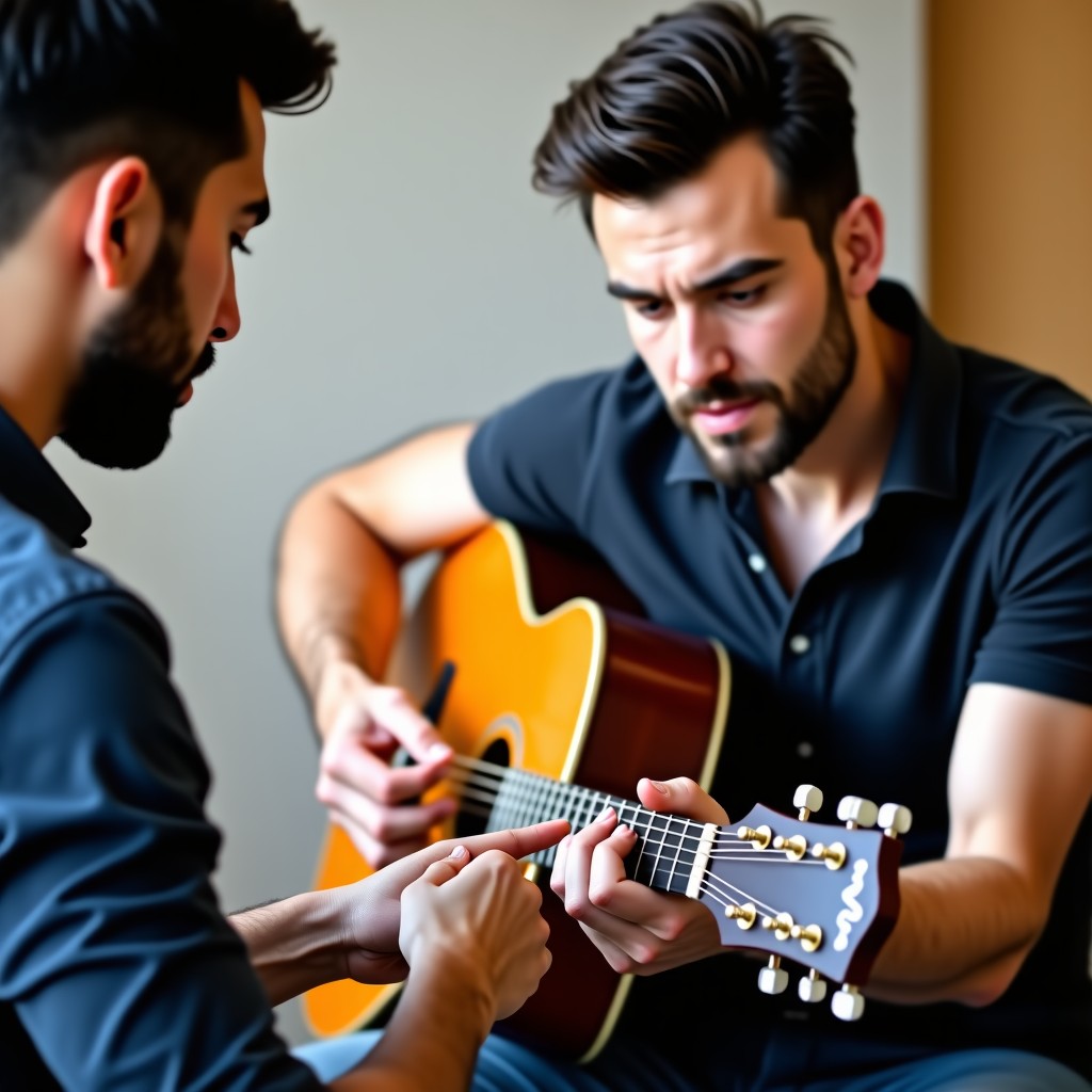 A professional male guitar instructor pointing at a student's hand positioning on a guitar. Close-up on the interaction, supportive and educational environment, professional music academy setting. No text. 4:3
