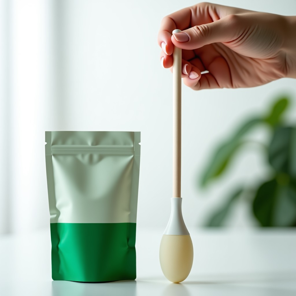 A close up shot of a large cosmetic peeling swab held by a hand. Beside it is a green and white product pouch. Clean aesthetic with soft focus background. Professional product photography. 1:1