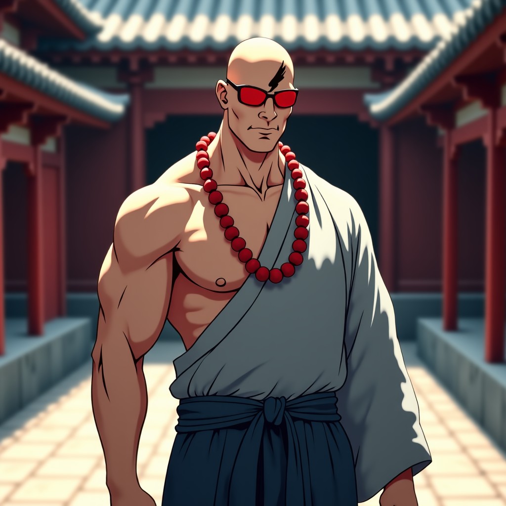 A high-contrast illustration of a muscular blind monk wearing a gray haori and a necklace of large red beads. He has a scar on his forehead and is standing in a traditional Japanese temple courtyard. Cinematic lighting. 4:3