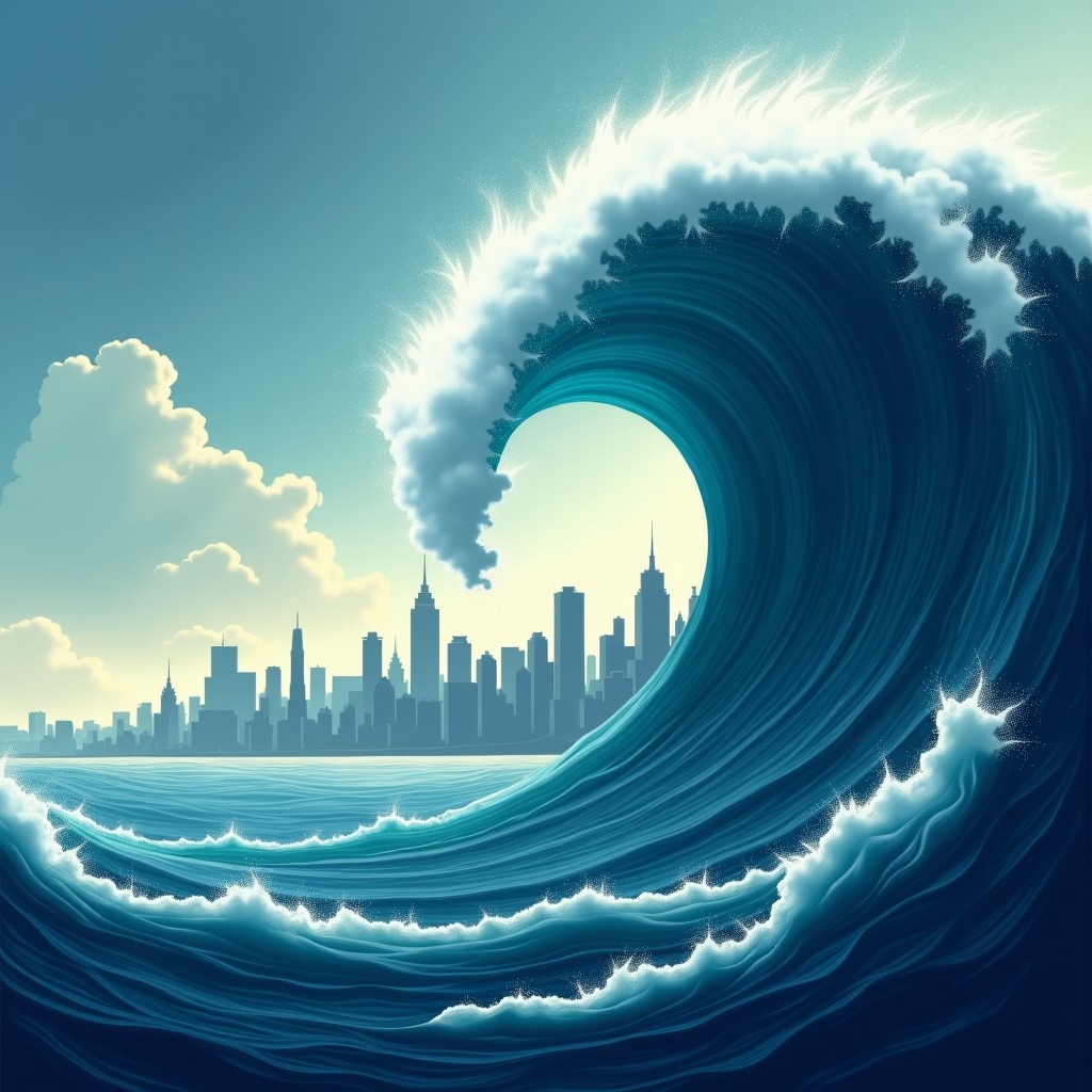 A powerful, artistic illustration of a massive tidal wave swallowing a city skyline, symbolizing a catastrophic event or a biblical flood. 4:3
