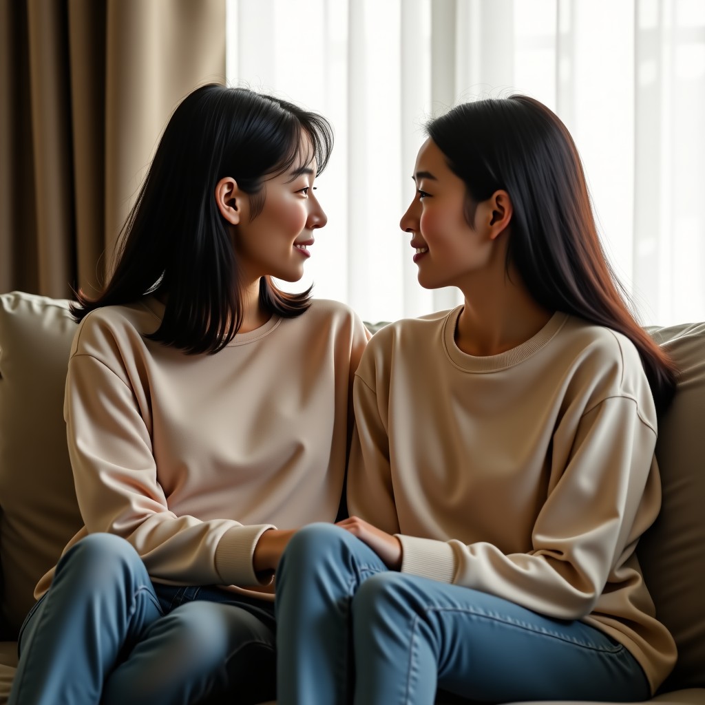 A Korean mother and teenage daughter sitting on a sofa, having a serious and supportive conversation, warm and natural indoor lighting, lifestyle photography, 4:3