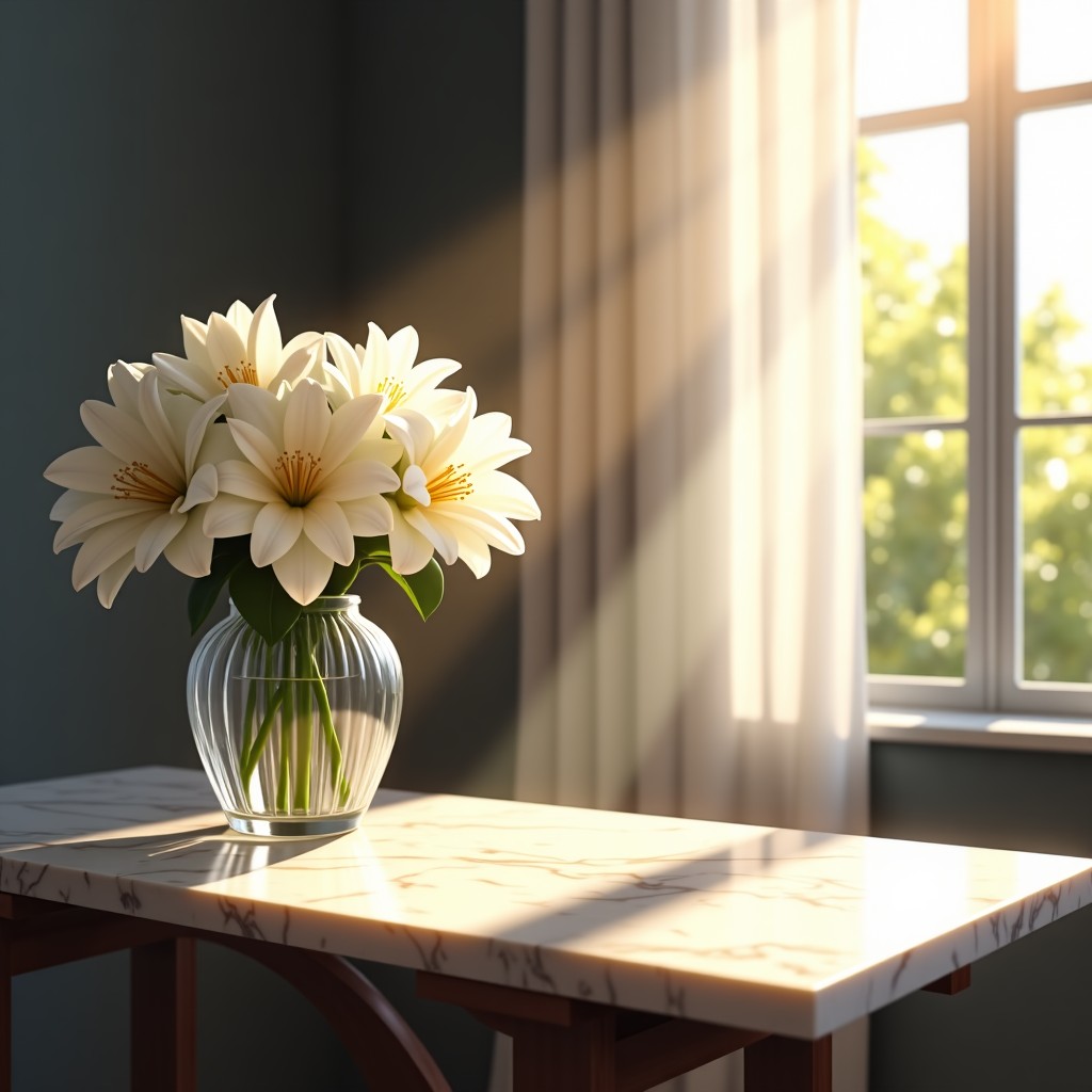 A sophisticated interior scene showing a crystal lamp on a marble console table next to a vase of white flowers. Sunlight streaming through a window creating rainbows through the crystal. Lifestyle, 4:3