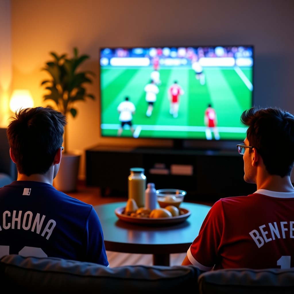 A group of friends in a modern living room watching a sports game on a large TV, wearing sports jerseys, snacks on the table, excited expressions, warm indoor lighting, lifestyle photography, 1:1