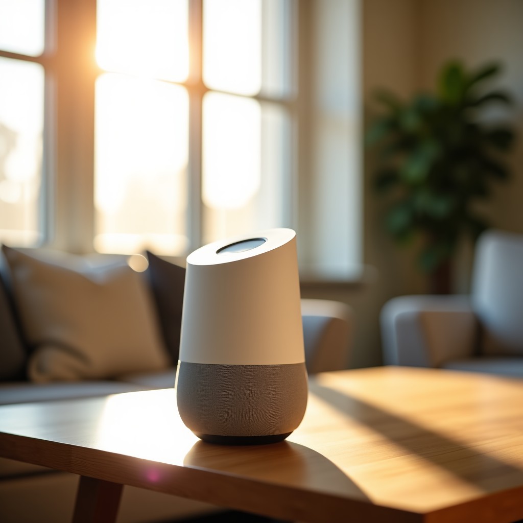 A modern AI speaker placed on a wooden table in a brightly lit minimalist living room, soft sunlight coming through the window, lifestyle photography, 4:3