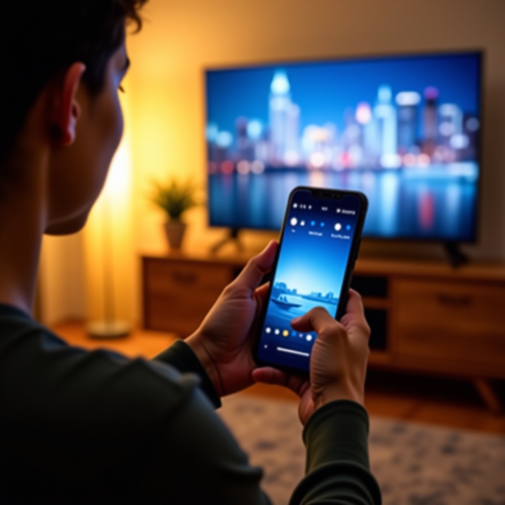 A cozy living room setting where a person is holding a smartphone and watching a digital streaming service with a television in the background, modern lifestyle, warm indoor lighting, 4:3