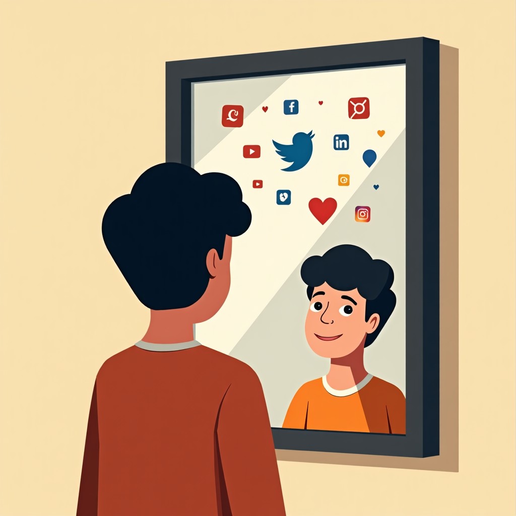 The back view of a teenager looking into a mirror, abstract artistic rendering showing multiple floating reflections of social media symbols, soft textured background, 4:3