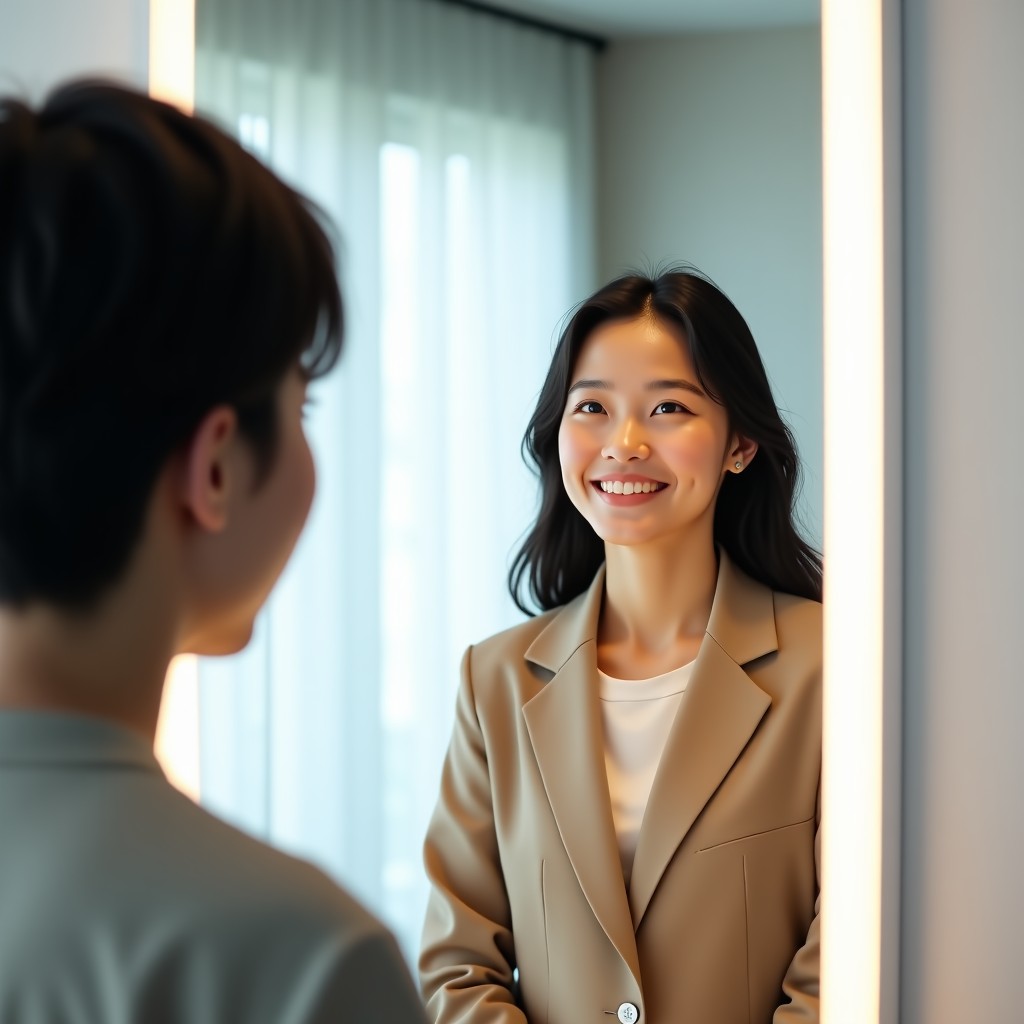 A realistic photography of a confident Korean person looking at their reflection in a mirror in a bright, modern room. They are smiling slightly, appearing self-assured. Bright lighting, clean composition. No text. 1:1