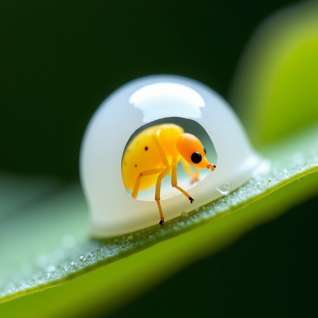 A detailed macro shot showing a tiny yellowish spittlebug nymph partially visible inside its protective white foam on a leaf. Clear bubble texture, realistic insect anatomy, soft natural lighting, garden setting. 1:1