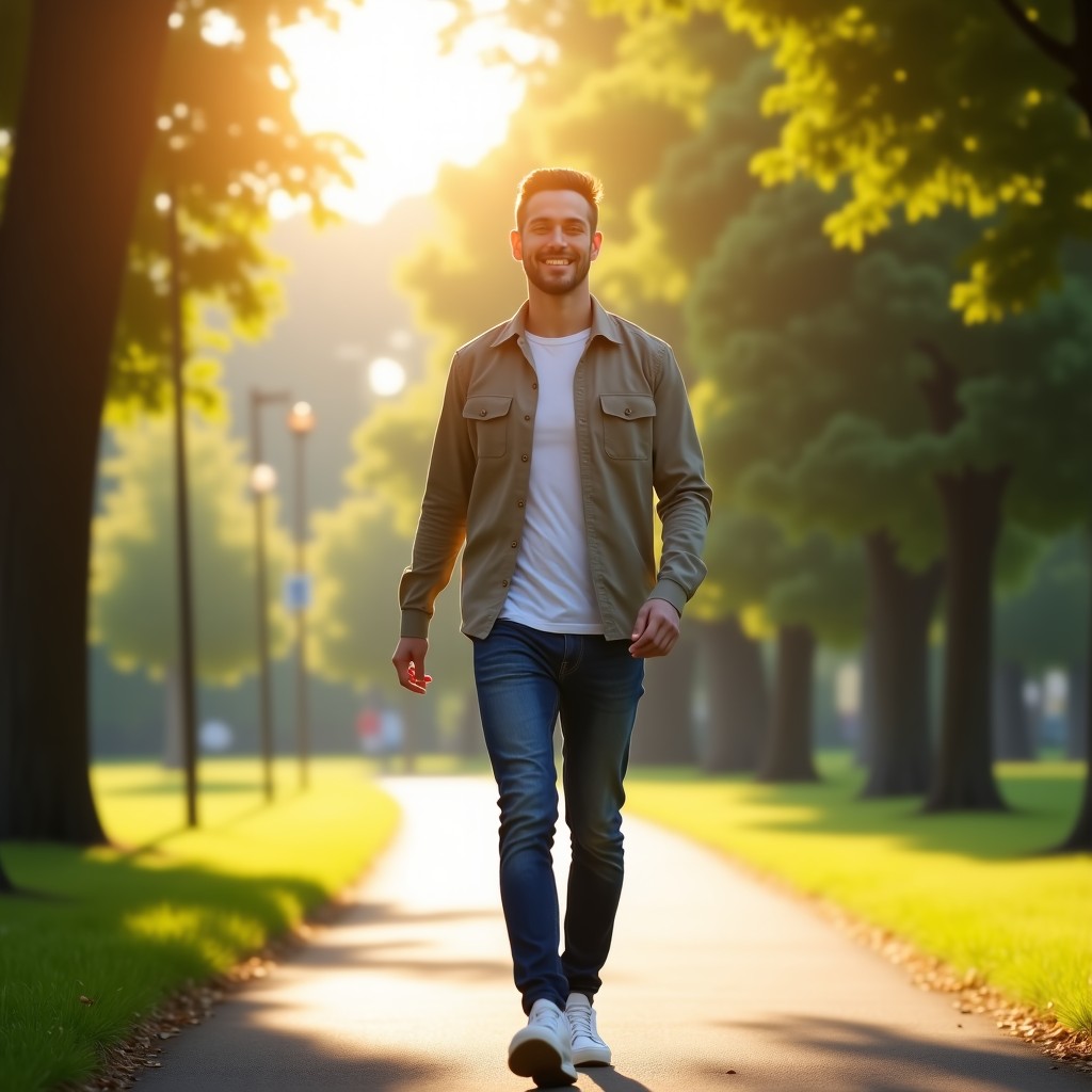 A person looking healthy and happy, walking lightly in a sunny park. Natural sunlight filtering through trees, peaceful and optimistic mood. Detailed composition, high quality. 4:3
