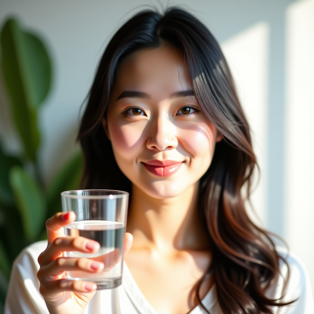 A healthy looking Korean woman with glowing clear skin holding a small glass of water, soft natural light, clean and energetic atmosphere, 4:3