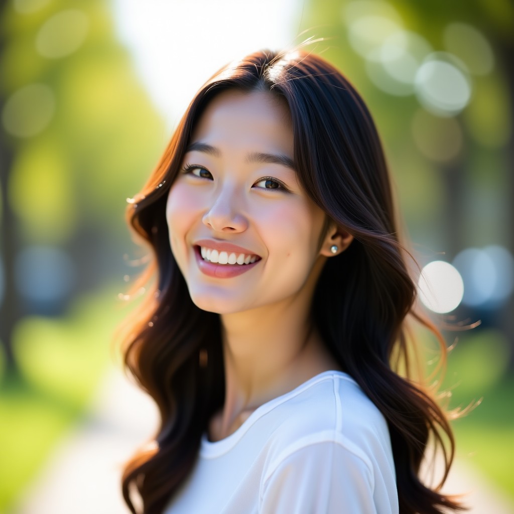 A confident Korean woman with healthy and elastic skin smiling brightly, outdoor natural sunlight, high quality lifestyle photography, 4:3