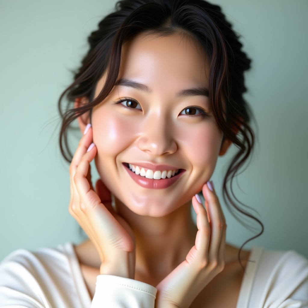 A healthy Korean woman with glowing and elastic skin, smiling naturally in a clean environment, soft natural skincare lighting, professional portrait, 4:3