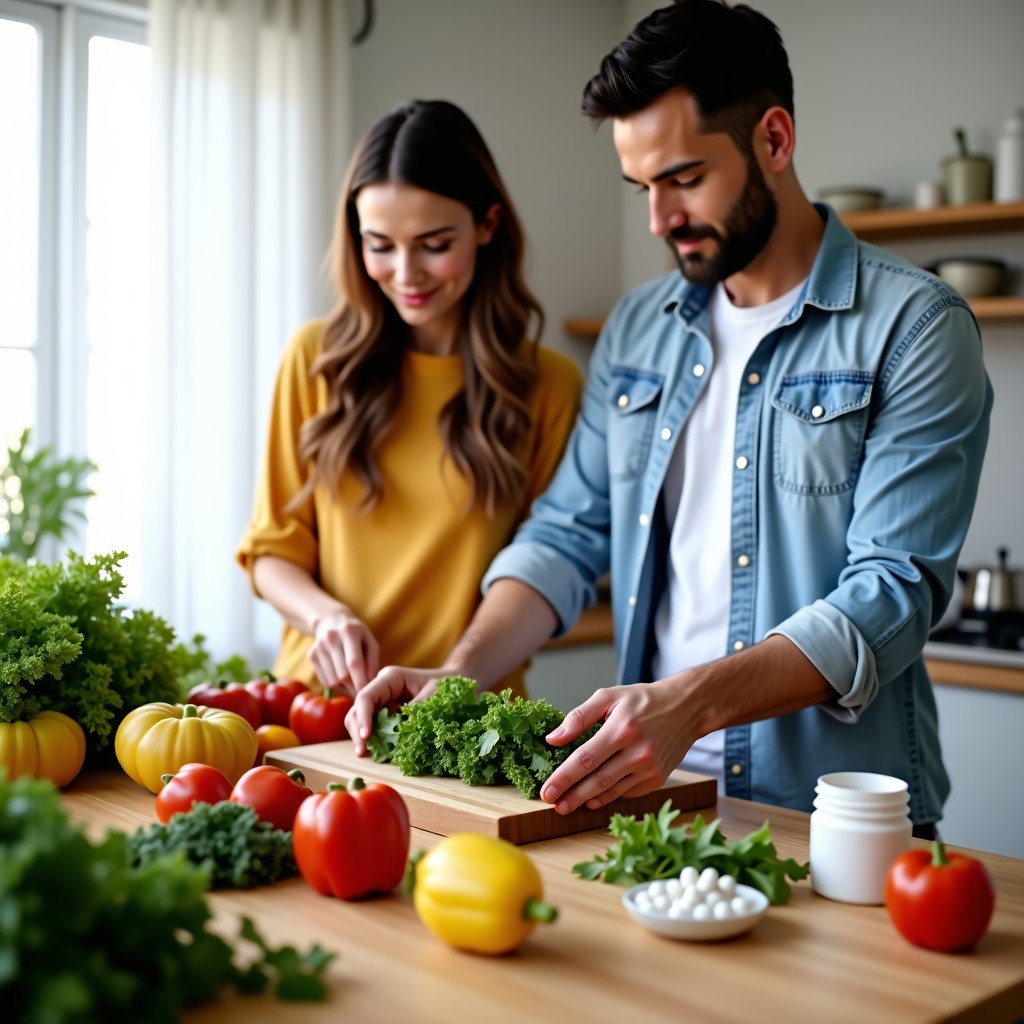 A healthy couple preparing a nutritious meal with vegetables and supplements on a wooden kitchen table, bright and airy modern kitchen, natural sunlight, focus on fresh ingredients. 4:3