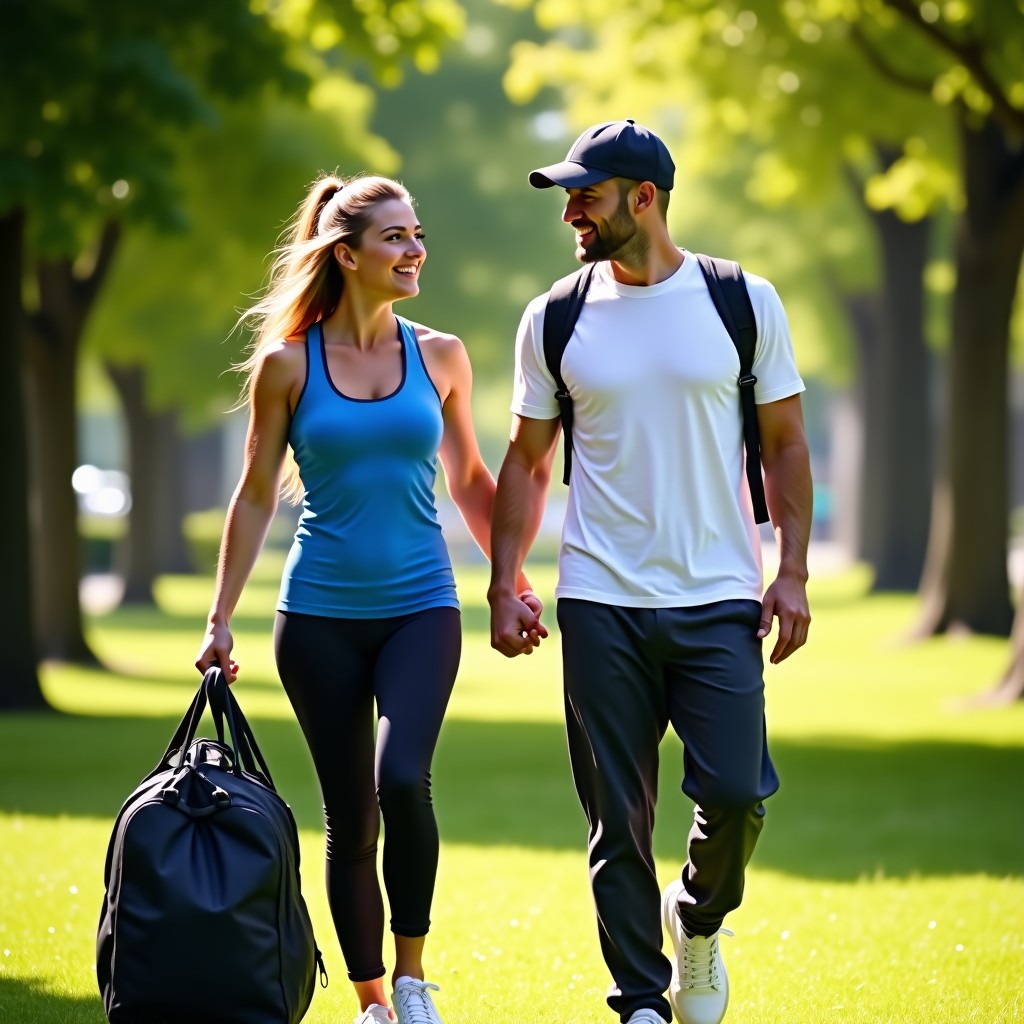 A man and a woman walking in a park with a healthy diet plate and a gym bag nearby. The scene is bright and natural, with greenery and sunlight. Aspect ratio: 4:3