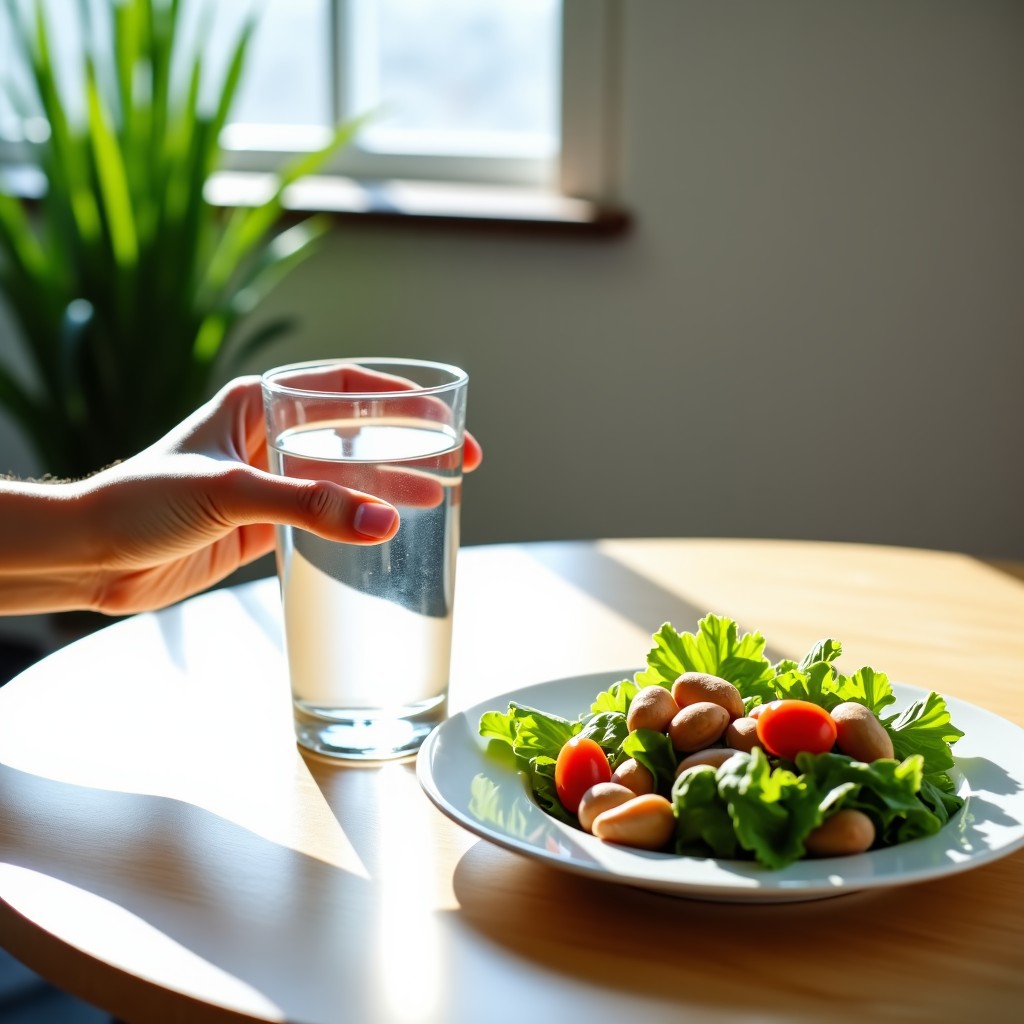 A person's hand holding a clean glass of water next to a plate of fresh salad and nuts. The setting is a bright, modern dining room. Natural light, peaceful and healthy atmosphere. High quality lifestyle photography. 4:3