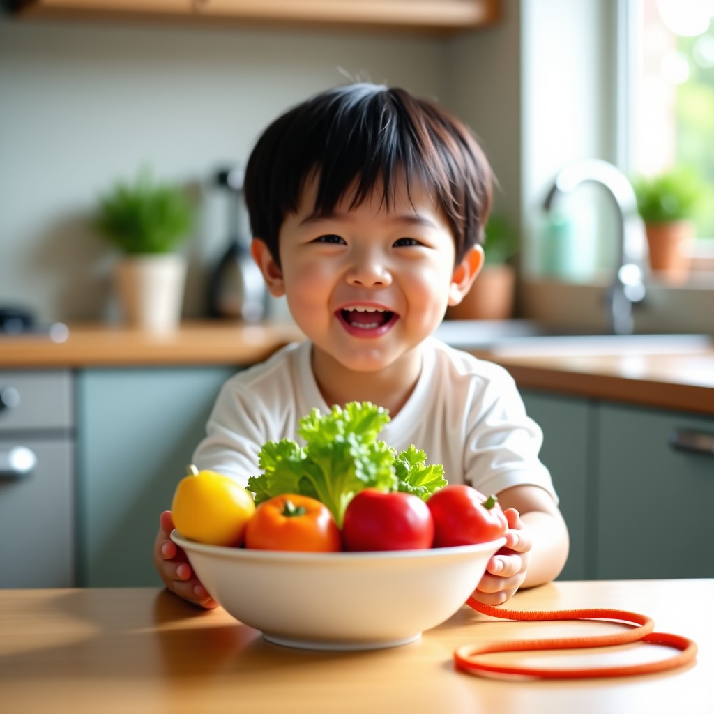 A young Korean child happily eating a bowl of fresh vegetables and fruits, with a jump rope lying nearby. Modern clean kitchen background, bright and cheerful atmosphere. Informational infographic style layout but realistic photography. 4:3